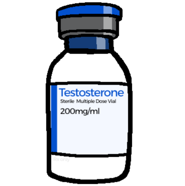 A small blue / grey capped vial with a white label that reads 'Testosterone, Sterile Multiple Dose Vial, 200mg/ml'